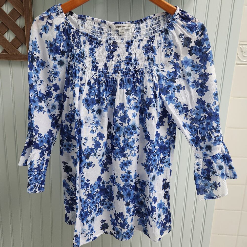 Counterparts Blue Floral Half Sleeve Lightweight Blouse